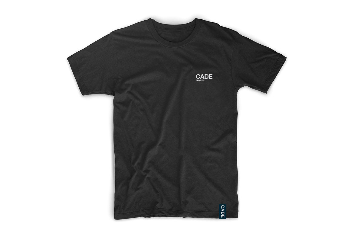 NEW CADE t-shirt plain black with subtle CADE insignia  in white and CADE tag on the bottom right